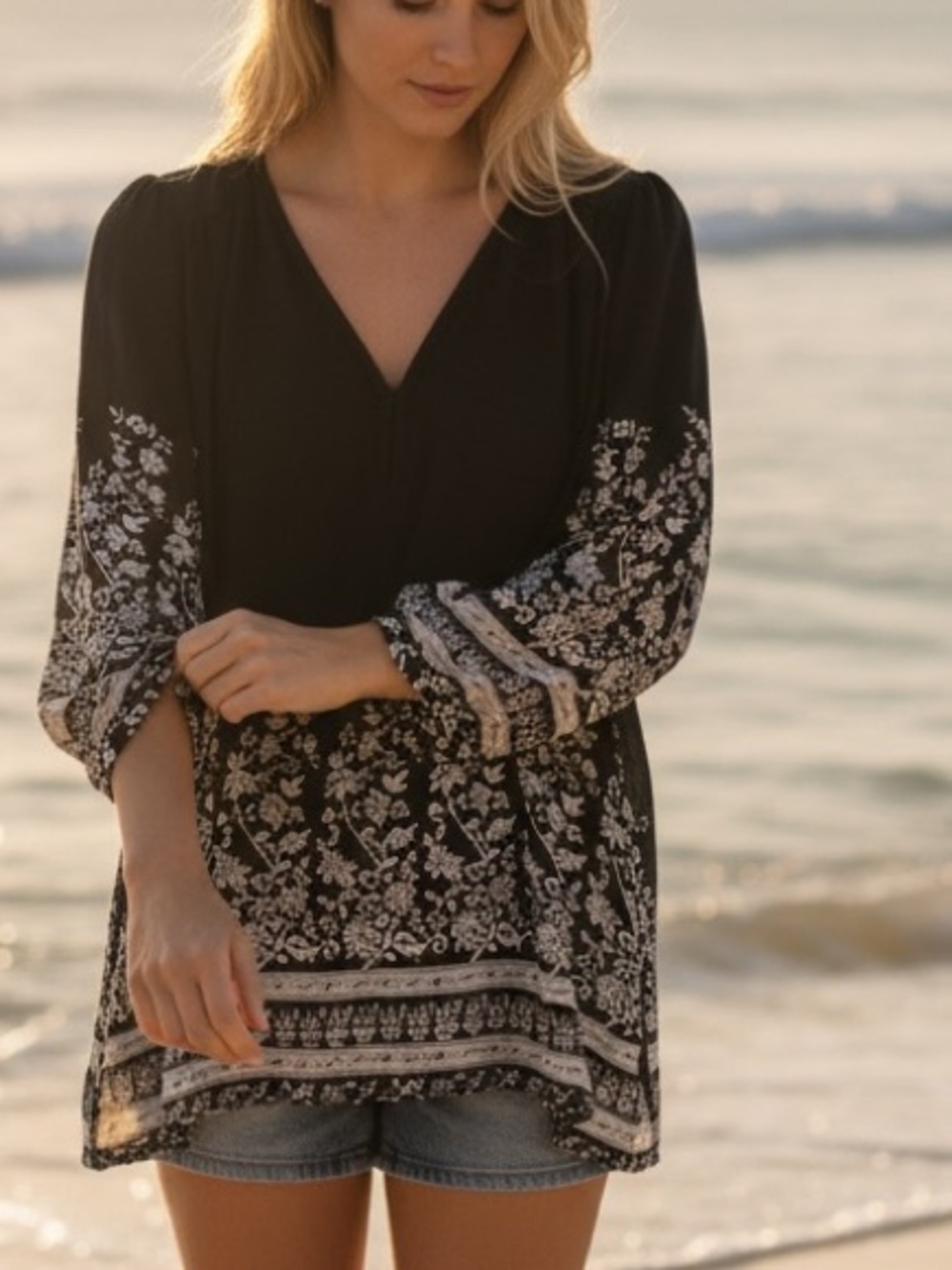 JOIE silk top.Riva floral, oversized sz small,long sleeves, dark blue cream boho
